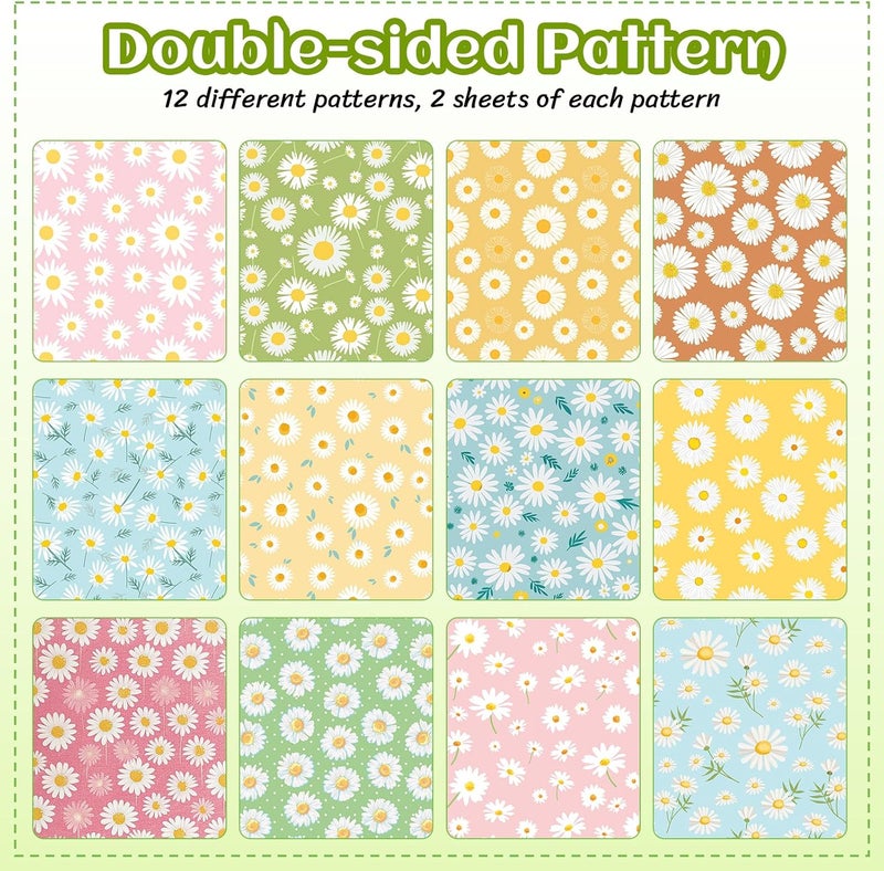 Feivando 24 Sheets Daisy Scrapbook Paper 12'' × 12'' Double-Sided Spring Summer Flower Pattern Paper Decorative Decoupage Cardstock for DIY Card Craft Making Scrapbook Supplies - Image 3